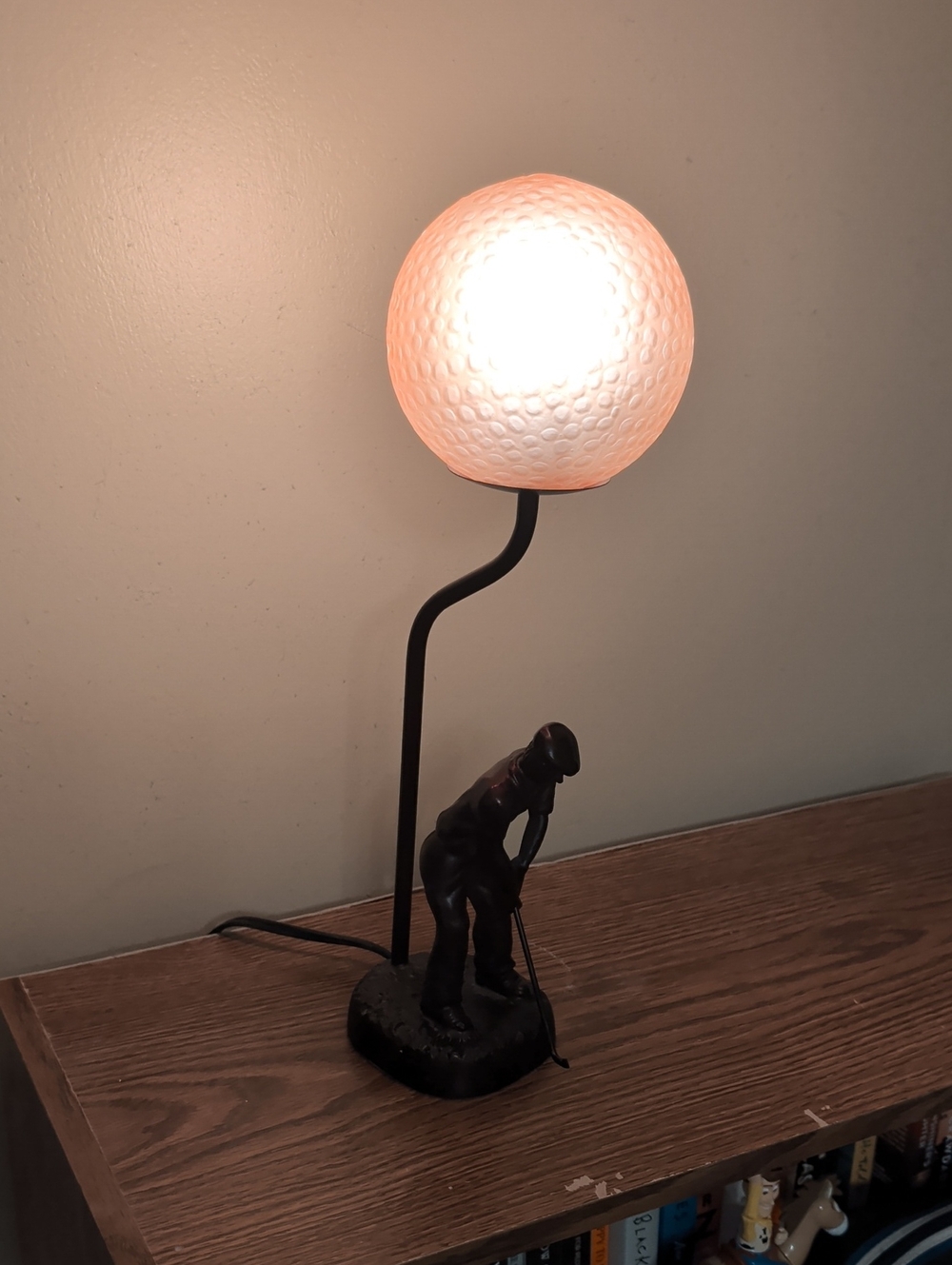 Vintage Golf Figurine Bronze Table Lamp with Amber Glass Shade